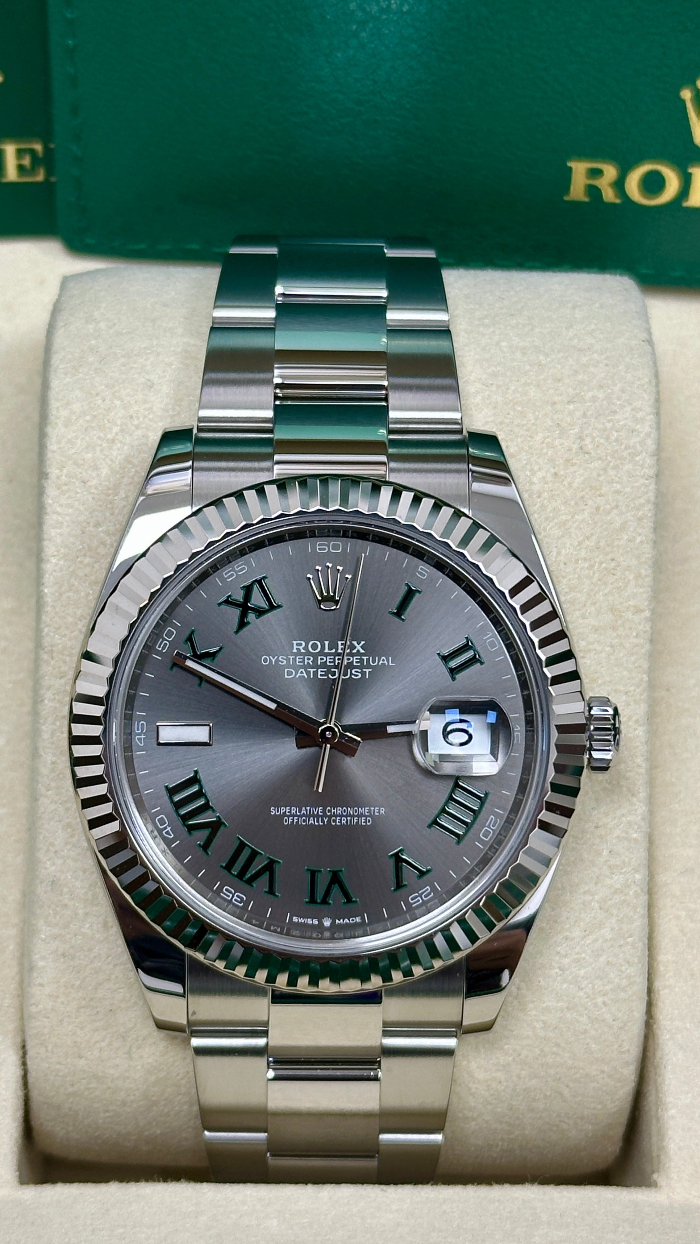 Rolex Datejust 41mm "Wimbledon" Slate and Green Roman Dial Fluted Bezel Oyster