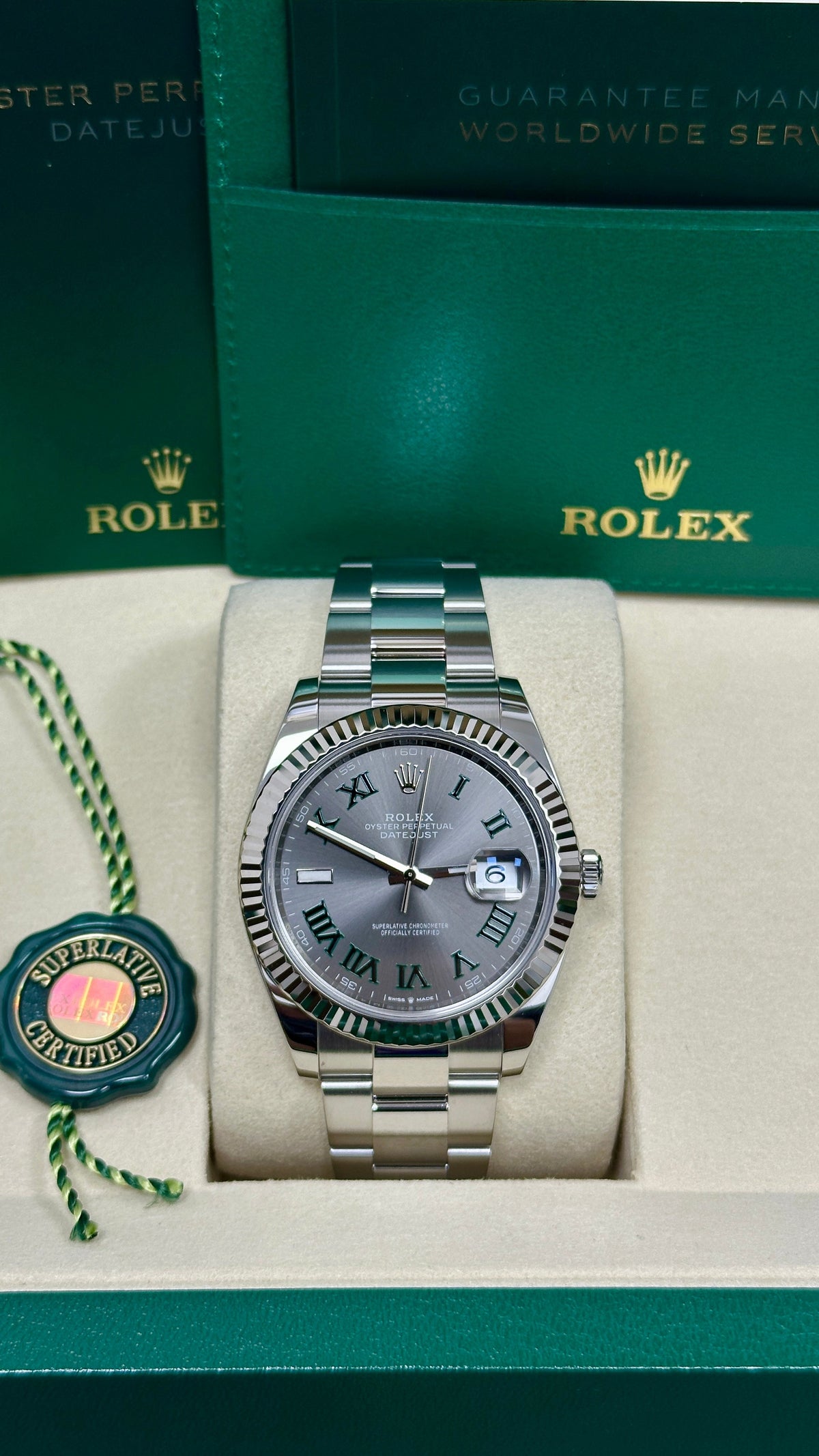 Rolex Datejust 41mm "Wimbledon" Slate and Green Roman Dial Fluted Bezel Oyster