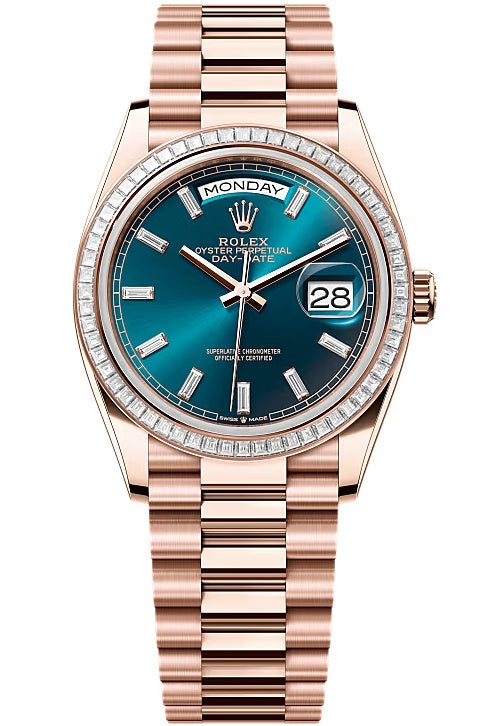 Rolex Day-Date 36mm Everose Gold Blue-Green Diamond Baguette Dial Diamond Bezel