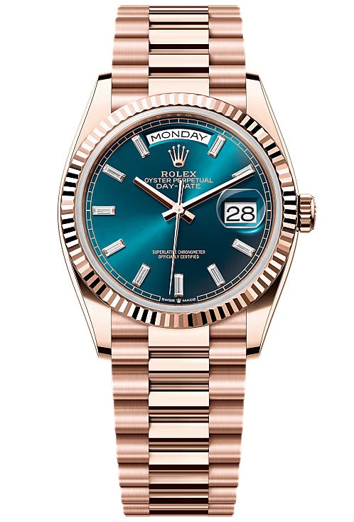 Rolex Day-Date 36mm Everose Gold Blue-Green Diamond Baguette Dial President