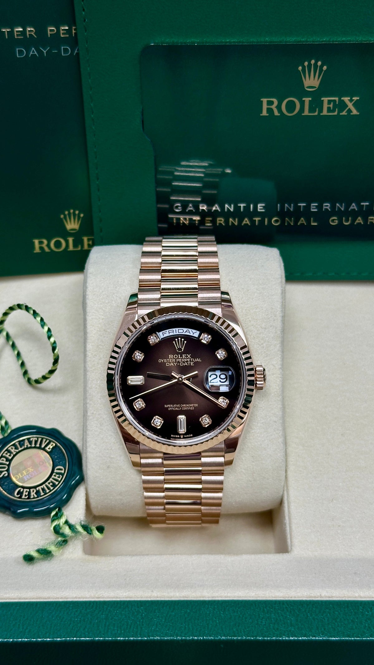 Rolex Day-Date 36mm Everose Gold Brown Ombre Diamond Dial President Bracelet