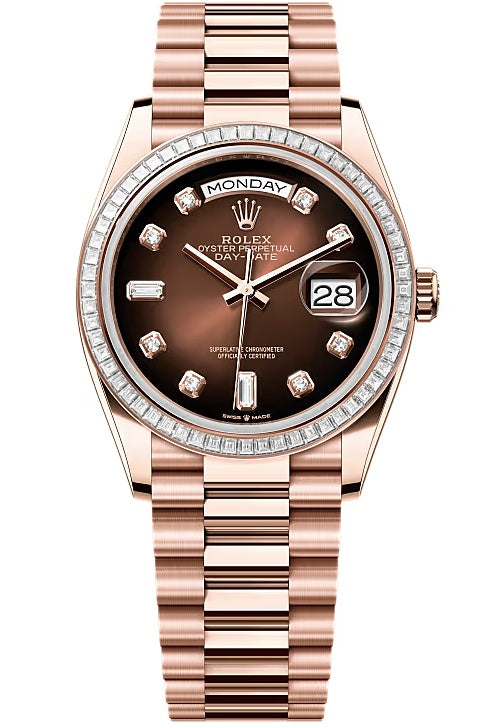 Rolex Day-Date 36mm Everose Gold Brown Ombre Diamond Dial Trapeze Diamond Bezel