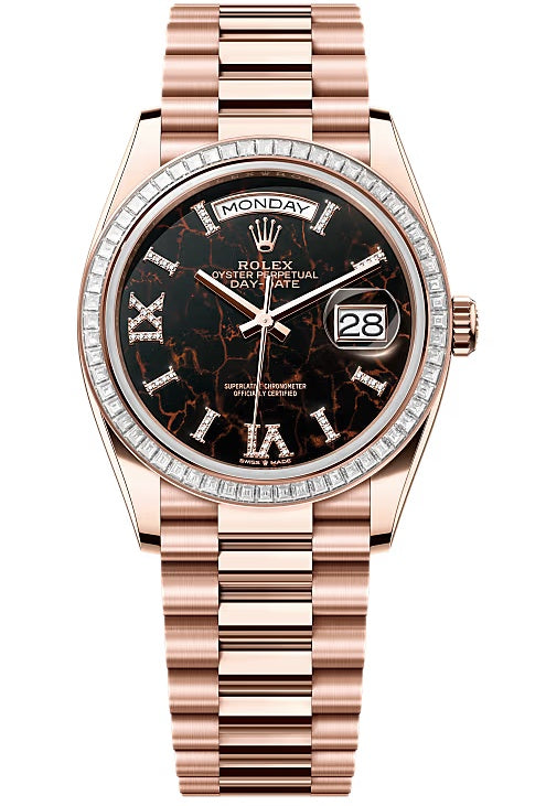 Rolex Day-Date 36mm Everose Gold Eisenkiesel Diamond Roman Dial Trapeze Diamond