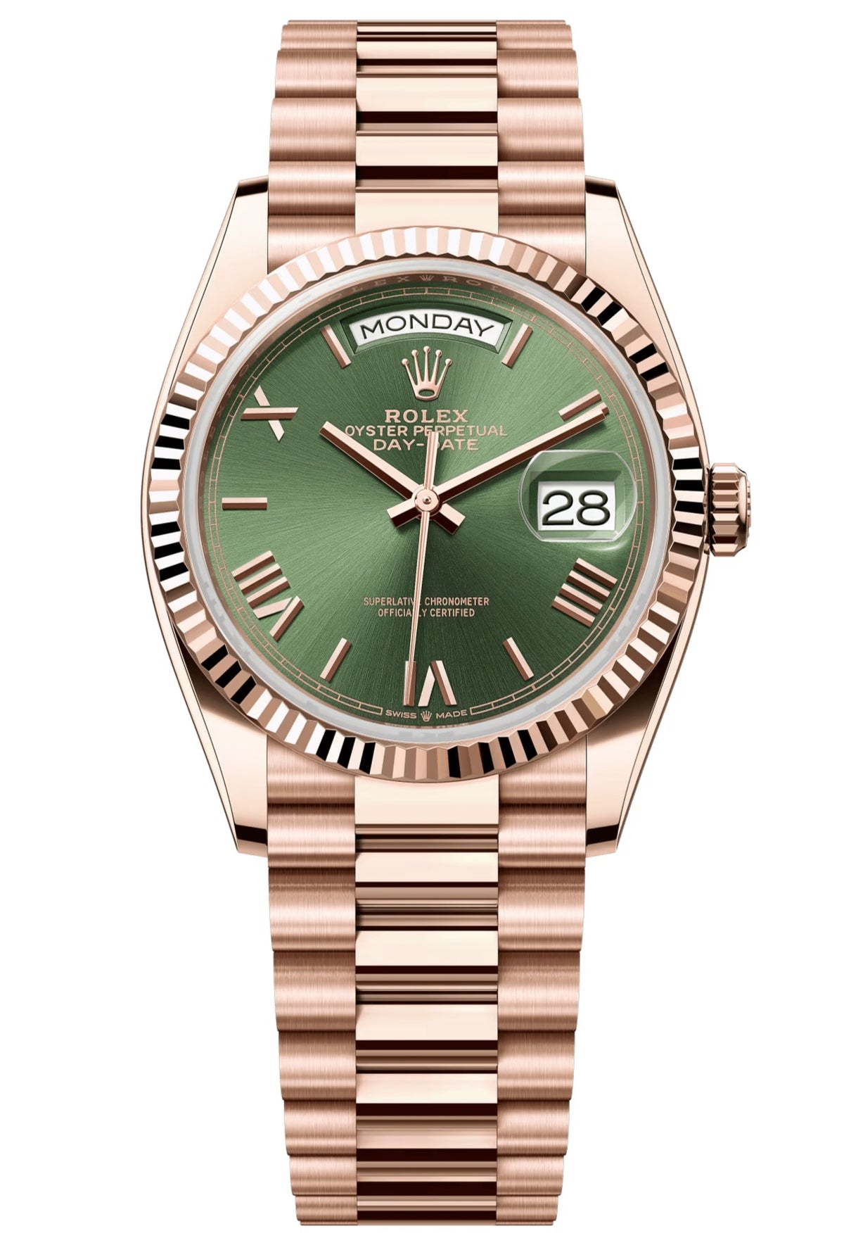 Rolex Day-Date 36mm Everose Gold Olive Green Roman Dial President Bracelet