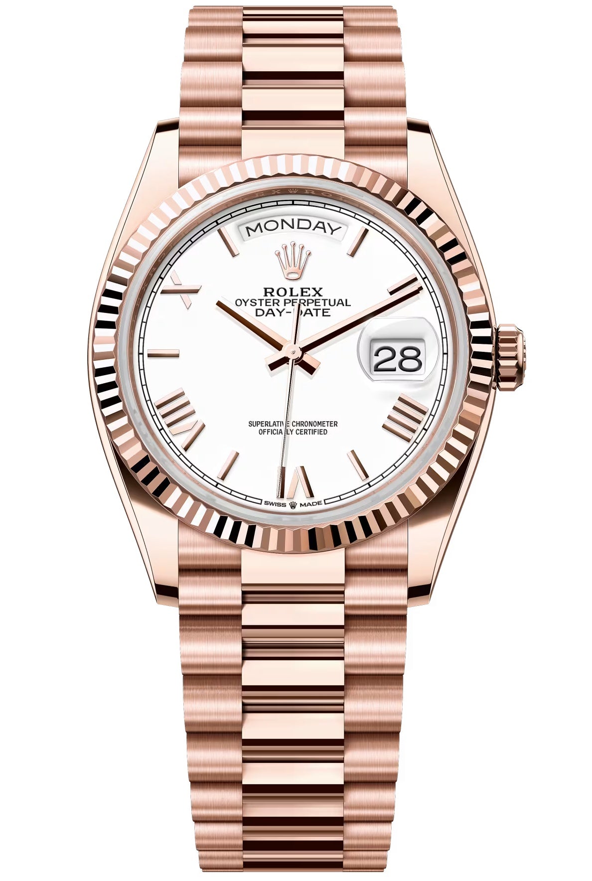 Rolex Day-Date 36mm Everose Gold White Roman Dial President Bracelet – 128235