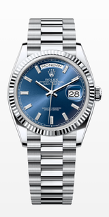 Rolex Day-Date 36mm platinum blue diamond baguette dial reference 128236