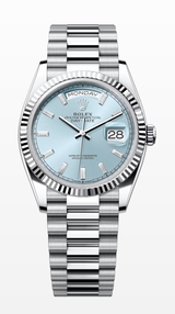 Rolex Day-Date 36mm platinum ice blue diamond baguette dial reference 128236