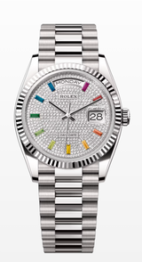 Rolex Day-Date 36mm white gold rainbow diamond pave dial reference 128239