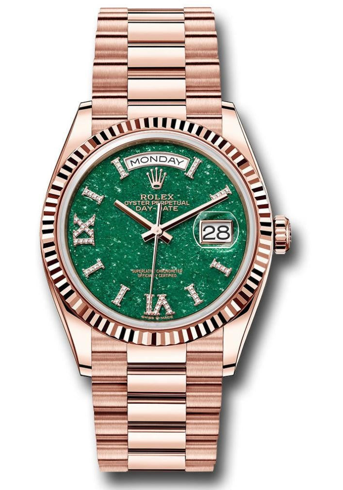 Rolex Day-Date “President” 36mm Everose Gold Green Aventurine Roman Diamond