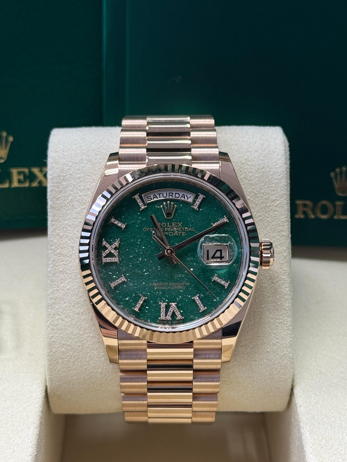 Rolex Day-Date “President” 36mm Everose Gold Green Aventurine Roman Diamond