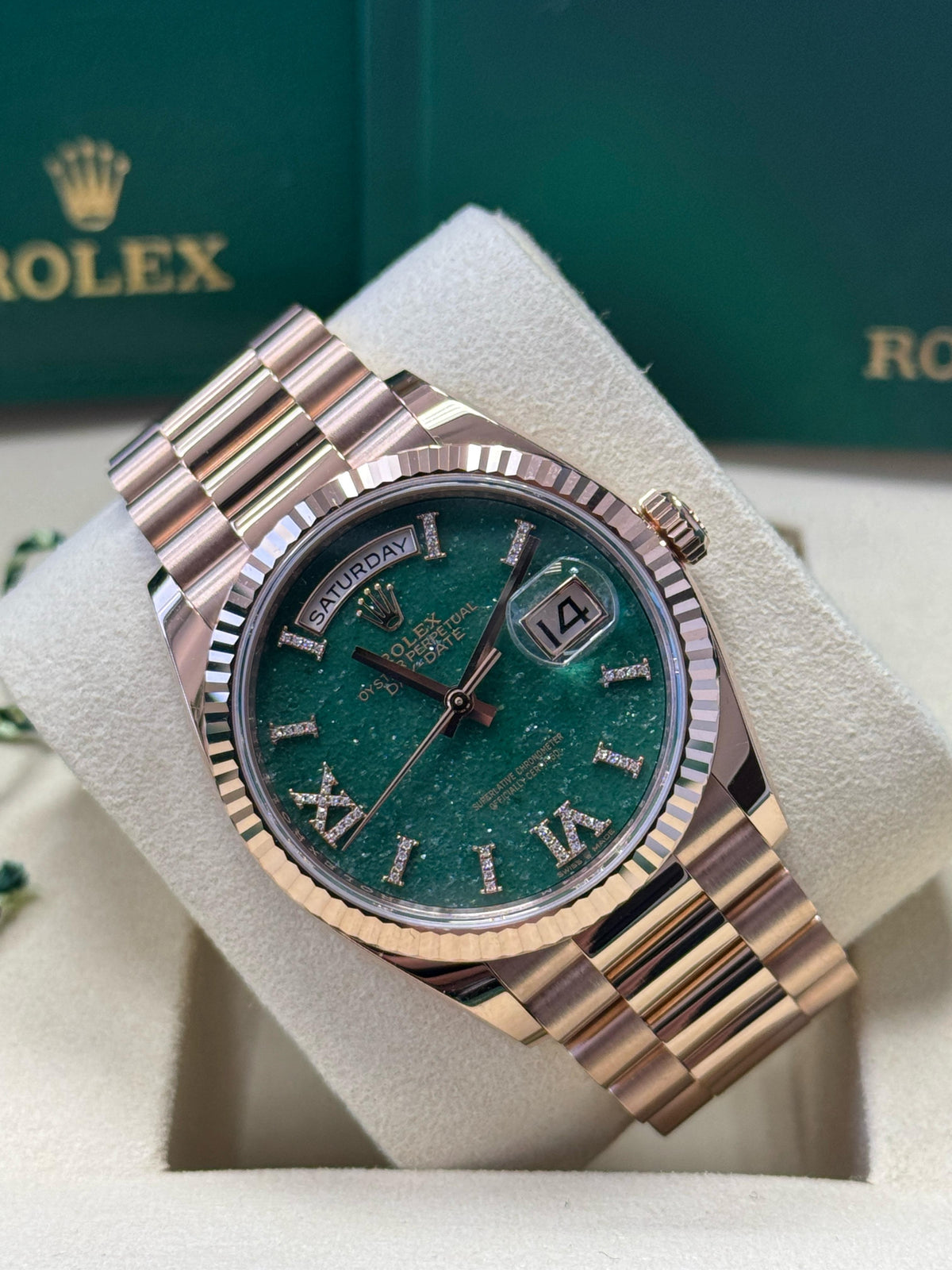 Rolex Day-Date “President” 36mm Everose Gold Green Aventurine Roman Diamond