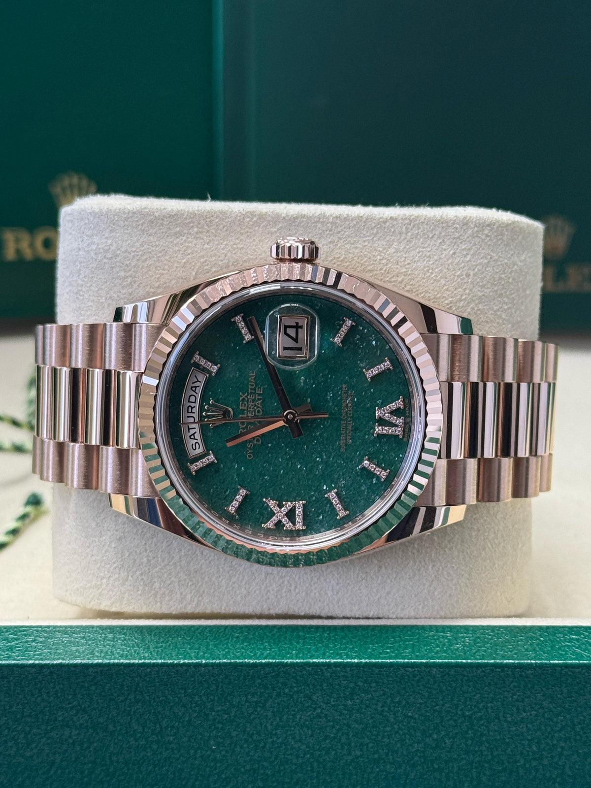 Rolex Day-Date “President” 36mm Everose Gold Green Aventurine Roman Diamond