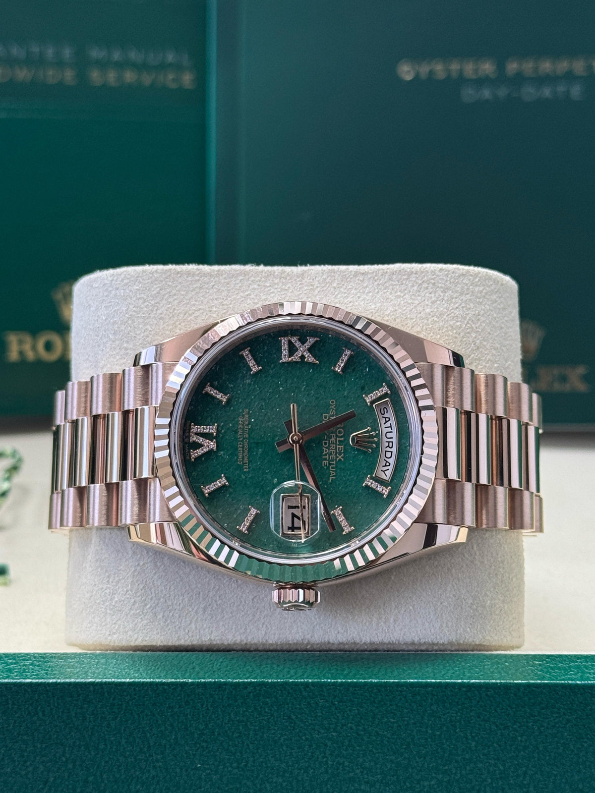Rolex Day-Date “President” 36mm Everose Gold Green Aventurine Roman Diamond