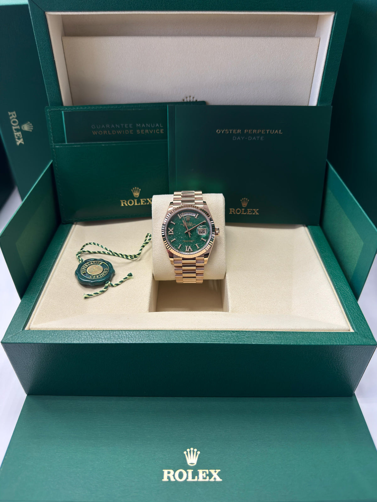 Rolex Day-Date “President” 36mm Everose Gold Green Aventurine Roman Diamond