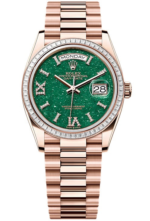 Rolex Day-Date “President” 36mm Everose Gold Green Aventurine Roman Diamond