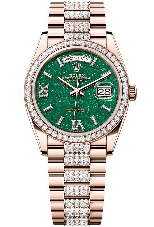 Rolex Day-Date “President” 36mm Everose Gold Green Aventurine Roman Diamond