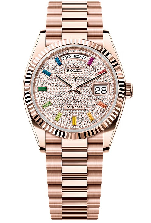 Rolex Day-Date “President” 36mm Everose Gold Rainbow Diamond Pave Dial – 128235
