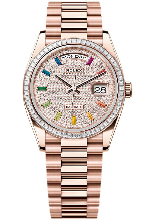 Rolex Day-Date “President” 36mm Everose Gold Rainbow Diamond Pave Dial Trapeze