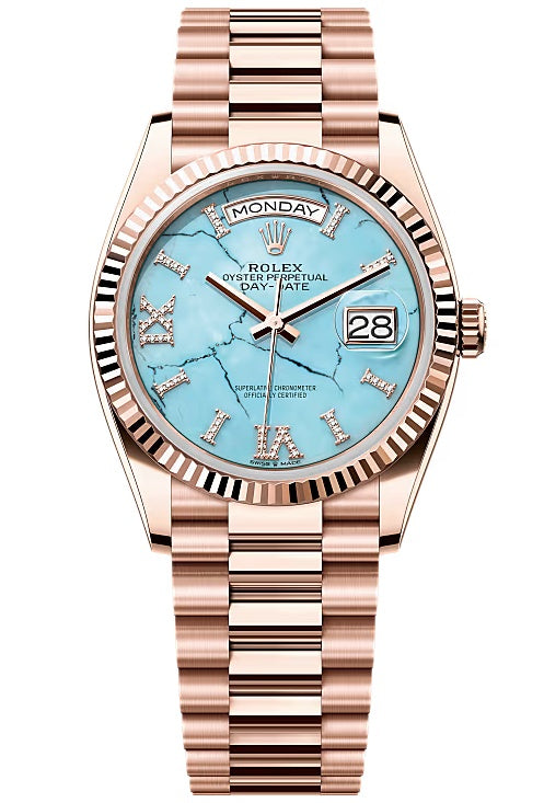 Rolex Day-Date “President” 36mm Everose Gold Turquoise Diamond Roman Dial