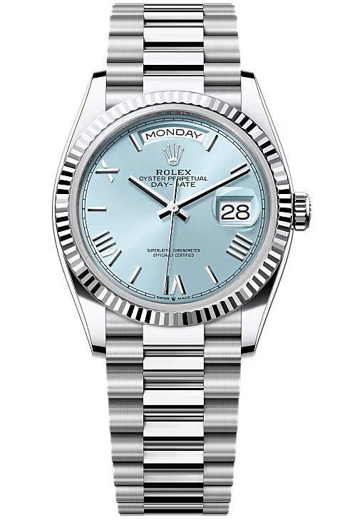 Rolex Day-Date "President" 36mm Platinum Ice Blue Roman Dial - 128236 - New 2025