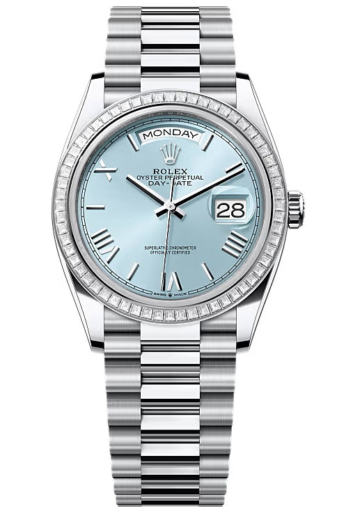 Rolex Day-Date "President" 36mm Platinum Ice Blue Roman Dial Trapeze Diamond