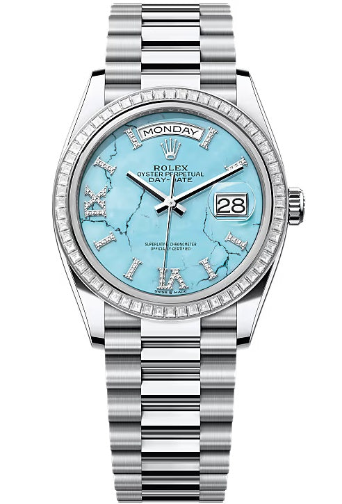 Rolex Day-Date “President” 36mm Platinum Turquoise Roman Diamond Dial Trapeze