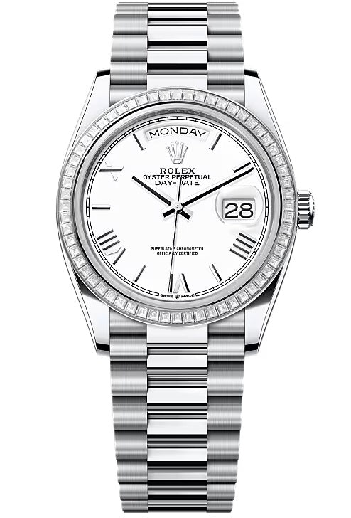 Rolex Day-Date “President” 36mm Platinum White Roman Dial Trapeze Diamond Bezel