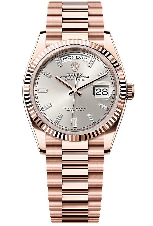 Rolex Day-Date “President” 36mm Silver Diamond Baguette Dial – 128235