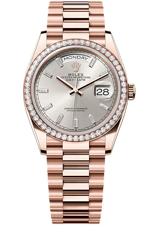 Rolex Day-Date “President” 36mm Silver Diamond Baguette Dial Diamond Bezel