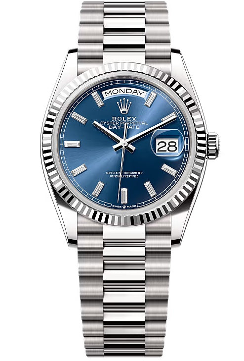 Rolex Day-Date "President" 36mm White Gold Blue Diamond Baguette Dial - 128239