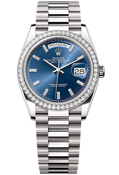 Rolex Day-Date "President" 36mm White Gold Blue Diamond Baguette Dial Diamond