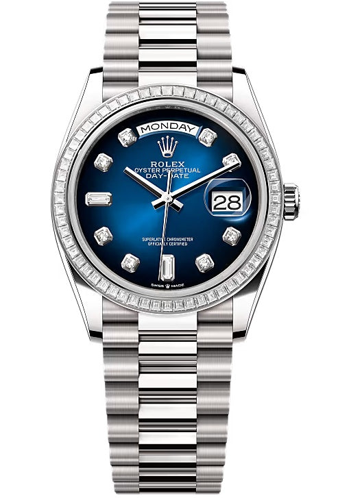 Rolex Day-Date “President” 36mm White Gold Blue Ombré Diamond Dial Trapeze
