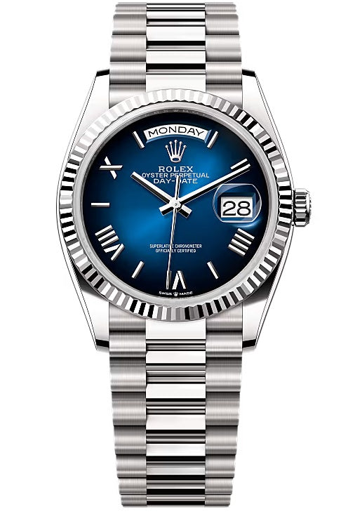 Rolex Day-Date "President" 36mm White Gold Blue Roman Ombre Dial - 128239 - New