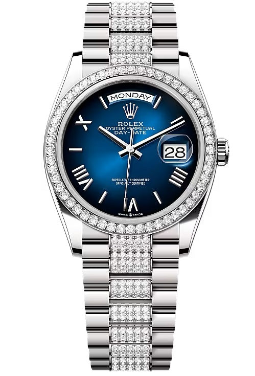 Rolex Day-Date "President" 36mm White Gold Blue Roman Ombre Dial Diamond-Set