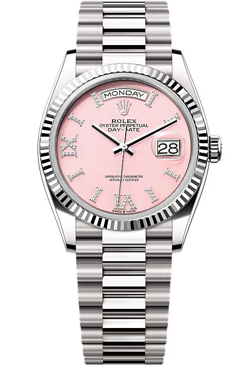 Rolex Day-Date “President” 36mm White Gold Pink Roman Diamond Dial – 128239