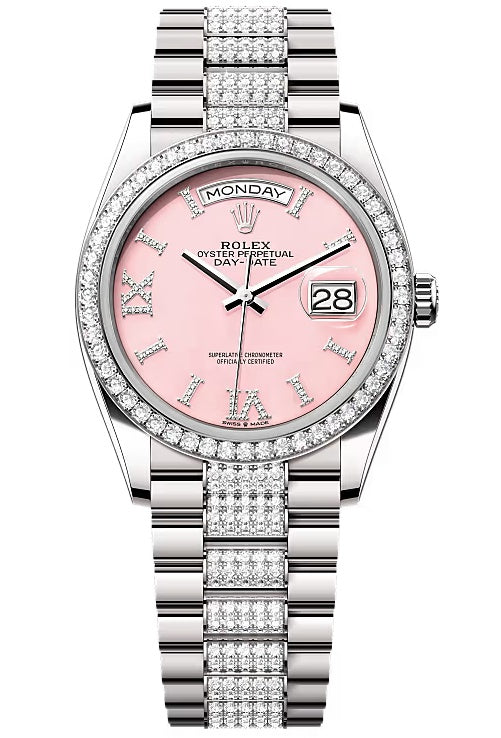Rolex Day-Date “President” 36mm White Gold Pink Roman Diamond Dial Diamond-Set
