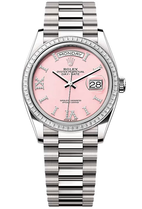 Rolex Day-Date “President” 36mm White Gold Pink Roman Diamond Dial Trapeze