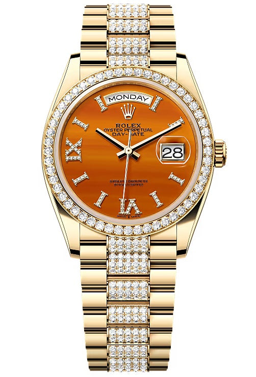 Rolex Day-Date “President” 36mm Yellow Gold Carnelian Roman Diamond Dial