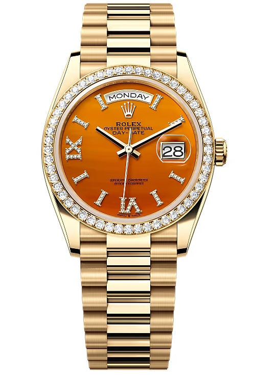 Rolex Day-Date “President” 36mm Yellow Gold Carnelian Roman Diamond Dial
