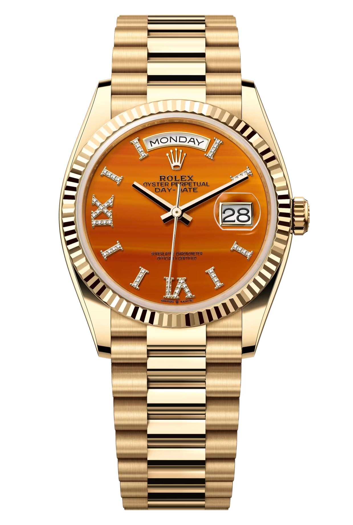 Rolex Day-Date “President” 36mm Yellow Gold Carnelian Roman Diamond Dial
