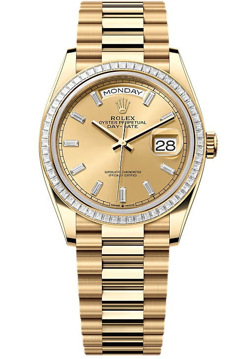 Rolex Day-Date "President" 36mm Yellow Gold Champagne Diamond Baguette Dial