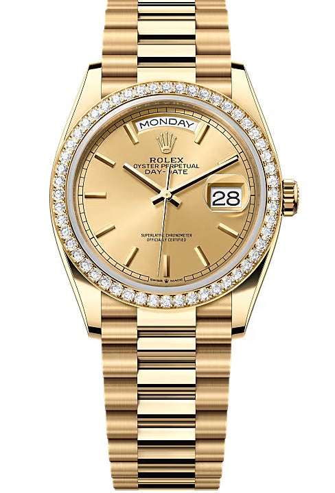 Rolex Day-Date "President" 36mm Yellow Gold Champagne Index Dial Diamond Bezel