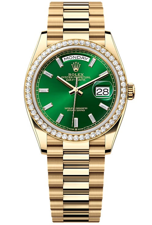 Rolex Day-Date "President" 36mm Yellow Gold Green Diamond Baguette Dial Diamond