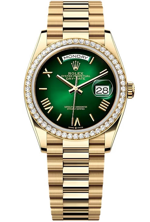 Rolex Day-Date "President" 36mm Yellow Gold Green Ombre Roman Dial Diamond