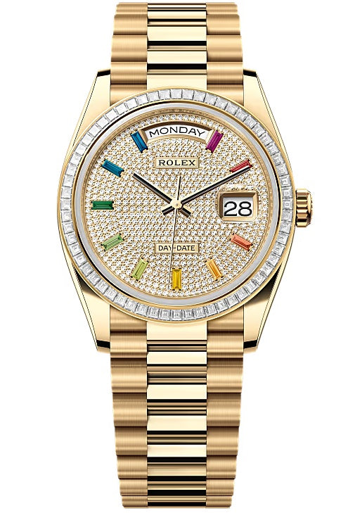 Rolex Day-Date "President" 36mm Yellow Gold Rainbow Diamond Pave Dial Trapeze