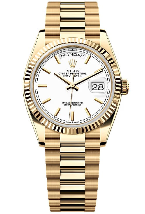 Rolex Day-Date “President” 36mm Yellow Gold White Index Dial – 128238