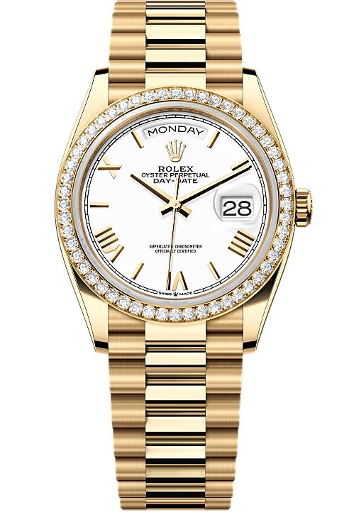 Rolex Day-Date "President" 36mm Yellow Gold White Roman Dial Diamond Bezel