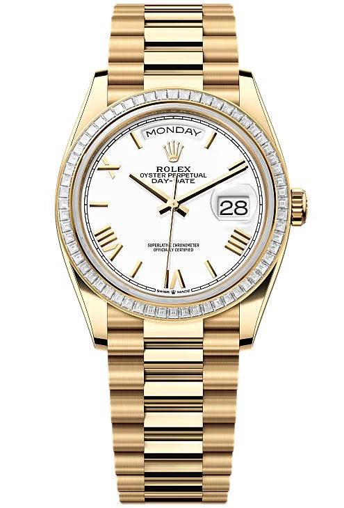 Rolex Day-Date "President" 36mm Yellow Gold White Roman Dial Trapeze Diamond