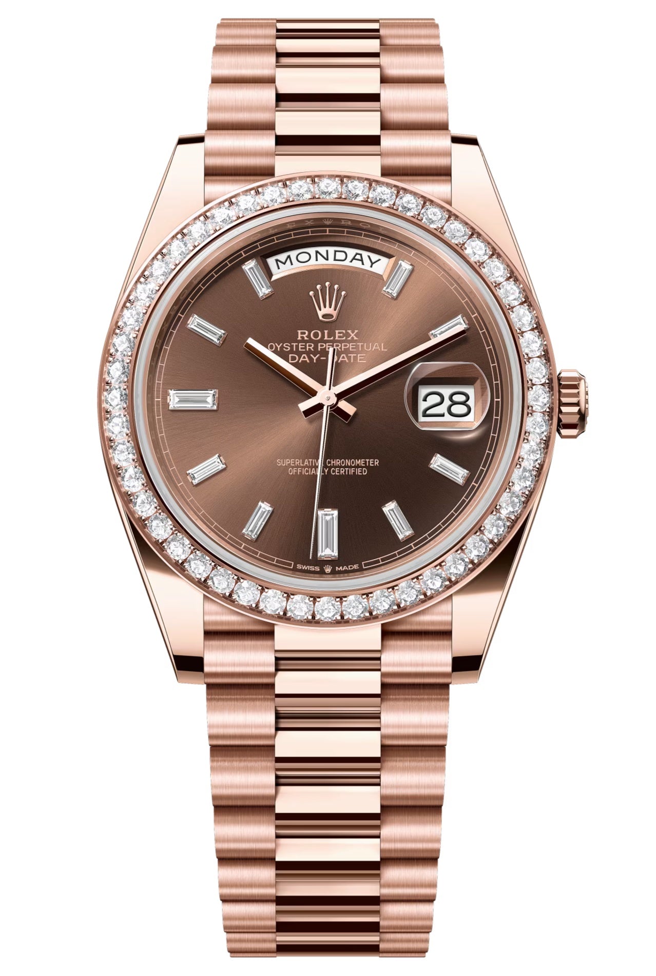 Rolex Day-Date "President" 40mm Everose Gold Chocolate Diamond Baguette Dial