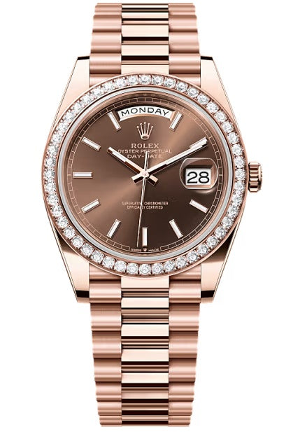 Rolex Day-Date "President" 40mm Everose Gold Chocolate Index Dial Diamond Bezel